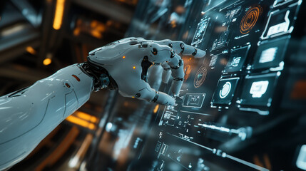 Poster - A robotic arm, like a hand, pushes a button on a futuristic, see-through screen. It shows how robots might work in the future.