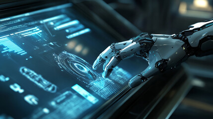 Poster - A robotic arm, like a hand, pushes a button on a futuristic, see-through screen. It shows how robots might work in the future.