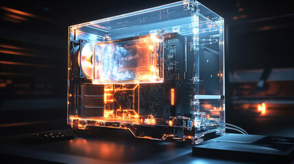 Poster - A desktop computer being upgraded or repaired.The image shows a gaming computer with glowing parts on a dark table.The computer case is transparent,allowing you to see the glowing components inside.