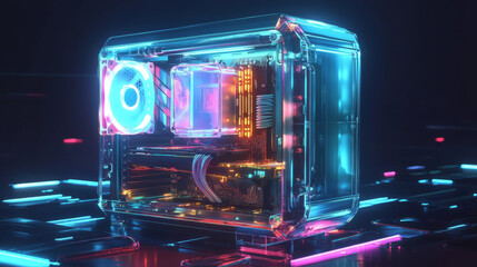 Poster - A desktop computer being upgraded or repaired.The image shows a gaming computer with glowing parts on a dark table.The computer case is transparent,allowing you to see the glowing components inside.