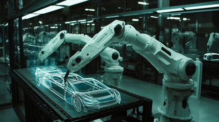 Poster - Robots are used in car factories to weld car bodies. These white robots use lasers to draw the shape of new car designs.