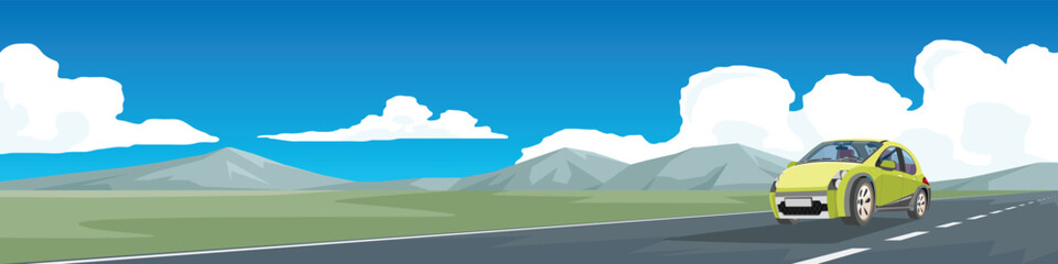 Cartoon Vector or Illustration of a yellow car on the road. Luxury cars with driving man on asphalt roads. Green open fields and mountain under blue sky for background.