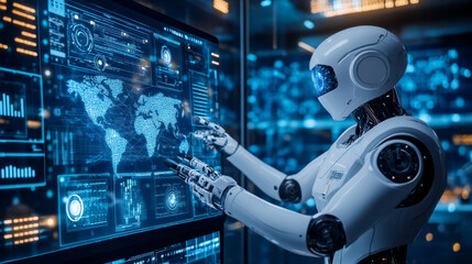 Poster - In a futuristic world,robot men and women,powered by artificial intelligence,work with virtual screens in a cybernetic environment.They use machine learning and AI to manage global business operations