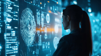 Poster - In a futuristic world,robot men and women,powered by artificial intelligence,work with virtual screens in a cybernetic environment.They use machine learning and AI to manage global business operations