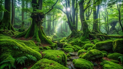 Poster - Serene and Mysterious Aokigahara Forest with Lush Greenery and Enigmatic Natural Beauty