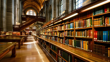 Wall Mural - A vintage library interior with towering wooden bookshelves, soft golden lighting, and a cozy reading nook, evoking a warm, nostalgic atmosphere