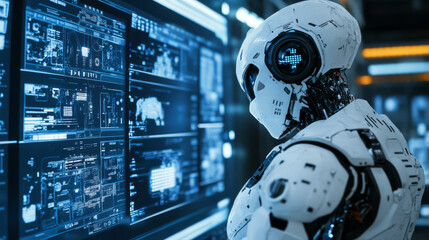 Poster - A robot or cyborg is shown looking at a computer screen, representing artificial intelligence and machine learning.  The image is a modern tech design, showcasing the potential of technology.