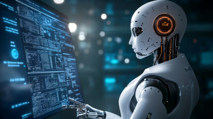 Poster - A robot or cyborg is shown looking at a computer screen, representing artificial intelligence and machine learning.  The image is a modern tech design, showcasing the potential of technology.