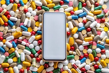 Healthcare and medicine. Pharmacy, online ordering, purchase and delivery. A smartphone with a blank screen on a pile of colorful pills, pills, capsules, dietary supplements and vitamins.