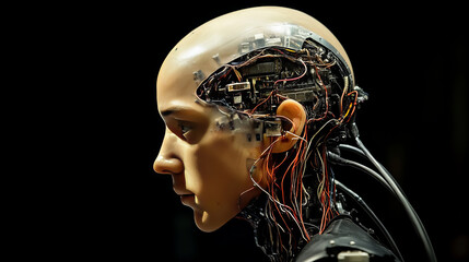 Poster - A robot with a bald head is thinking hard. Wires are attached to its head, showing it's powered by artificial intelligence. It's trying to figure out how to solve a problem.