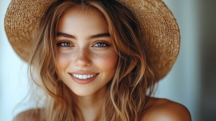 Wall Mural - A woman with brown hair and a straw hat is smiling