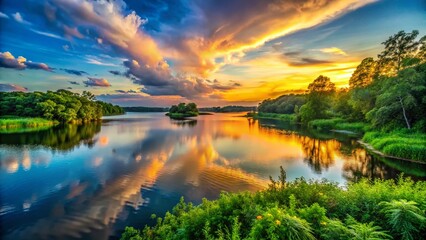 Wall Mural - Serene landscape featuring lush greenery, tranquil waters, and a vibrant sky at sunset in nature