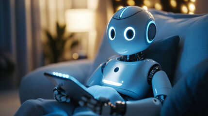 Poster - Smartphones use AI to connect you to online information. Imagine a friendly AI assistant, like a digital person, popping out of your phone, ready to help you find and use what you need.