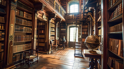 Wall Mural - A vintage library interior with towering wooden bookshelves, soft golden lighting, and a cozy reading nook, evoking a warm, nostalgic atmosphere