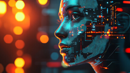 Poster - AI uses graphics to analyze data. A simple, geometric image represents the AI, highlighting its role in the future of technology.