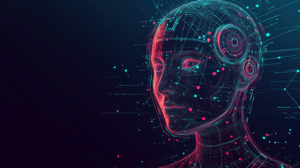 Poster - AI uses graphics to analyze data. A simple, geometric image represents the AI, highlighting its role in the future of technology.