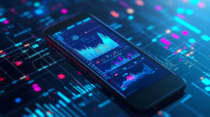 Poster - A phone displaying graphs and data shows how businesses can use smartphones to analyze trends and plan financial strategies.