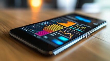 Poster - A phone displaying graphs and data shows how businesses can use smartphones to analyze trends and plan financial strategies.