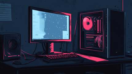 Poster - A gaming PC shines brightly in the dark. The illustration shows a modern computer setup with a case, monitor, and keyboard on a desk. The neon lights inside the computer case add to the cool look.
