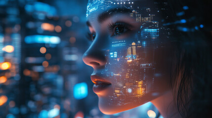 Poster - Smartphones with AI assistants can now connect with city infrastructure. This futuristic technology allows seamless communication, just like the robot woman in the picture.