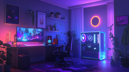 Poster - A sleek gaming setup in a dark room with vibrant neon lights.  A gamer's haven with a monitor, transparent PC, comfortable chair, and a ring light – perfect for streaming or creating content.