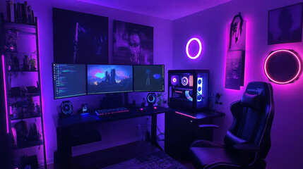Poster - A sleek gaming setup in a dark room with vibrant neon lights.  A gamer's haven with a monitor, transparent PC, comfortable chair, and a ring light – perfect for streaming or creating content.