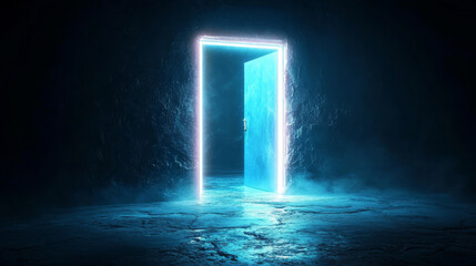 Poster - A glowing, neon door opens into a digital world. It's like a gateway to other realities, a futuristic time machine concept. The door has no walls, existing only as a portal in the dark cyberspace.