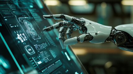 Poster - The robot's hand touches a button on a futuristic screen, using its index finger. This shows how artificial intelligence might work in the future.