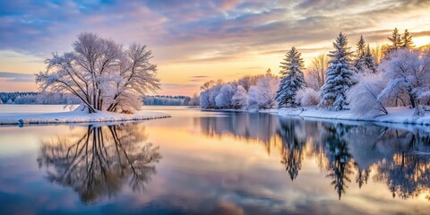 Poster - Serene Winter Landscape in Minnesota with Snow-Covered Trees and a Calm Frozen Lake at Dusk