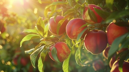 Ripe Peaches on a Branch in a Summer Orchard