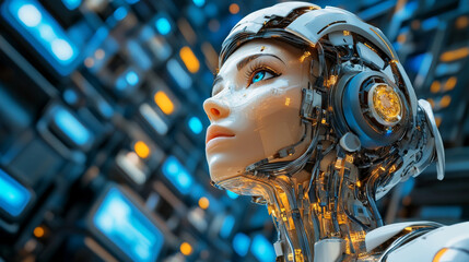 Poster - A female robot, with a beautiful artificial face, is connected to a supercomputer. She's looking up, her head tilted to the side.
