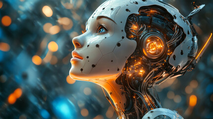 Poster - A female robot, with a beautiful artificial face, is connected to a supercomputer. She's looking up, her head tilted to the side.