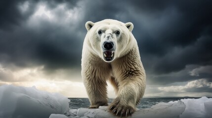 Wall Mural - a majestic polar bear roars fiercely against a stormy backdrop, embodying strength and survival amid
