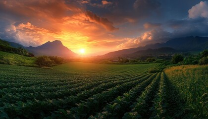 Poster - Sunset Over Green Fields.