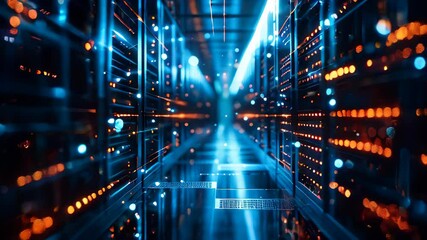 Poster - Data center with a row of computer servers. Abstract generic concept of cyberspace, communication and technology.