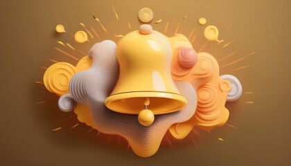 A vibrant yellow bell surrounded by colorful abstract shapes, creating a lively and dynamic composition against a warm background.