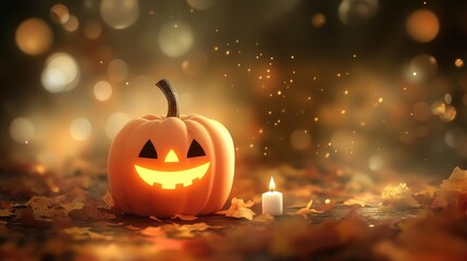 Poster - Halloween theme pumpkin candle illustration with bokeh background for promotional materials