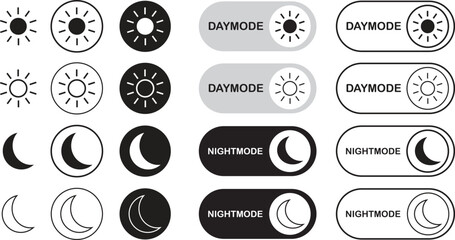 Fototapete - On and off toggle switch flat and line buttons Set. day, night brightness, light, dark mode, sun, moon icons isolated on transparent background. Active, deactivate in settings of smart mobile device.