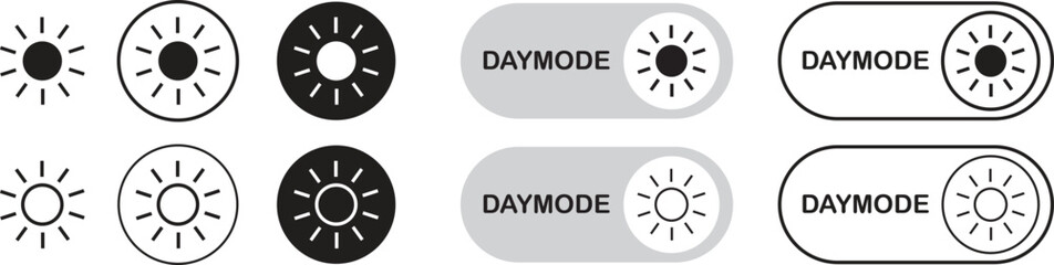 Fototapete - On toggle switch flat and line buttons Set. day brightness, light mode switch button, sun icons vectors isolated on transparent background. Active in the settings of smart mobile device illustration.