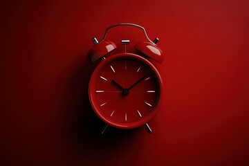 A striking red alarm clock without a visible clock face on a vibrant red background