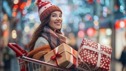 Young woman with gifts smiles in a brightly lit mall, carrying christmas gifts. The festive decorated store background reflects the holiday spirit. Happy New Year and Merry Christmas buying presents