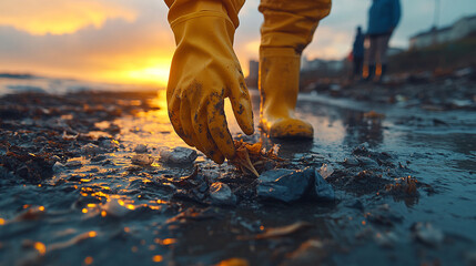 Wall Mural - Volunteers clean up a polluted beach, symbolizing community effort, environmental responsibility, and the collective fight against pollution for a sustainable future