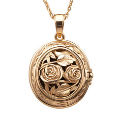 Vintage gold locket with rose and leaf design, isolated on transparent background.