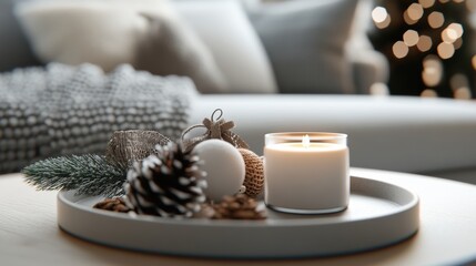 Wall Mural - A white candle sitting on top of a white tray