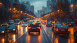 © liliyabatyrova - A busy city street with cars and buses driving down a wet road