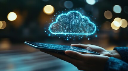 Poster - Hands holding a tablet with a holographic cloud computing concept, on a blurred office background, symbolizing data security, Generative Ai