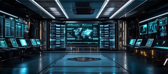 Poster - Futuristic Server Room with World Map Display