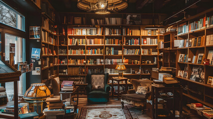 Wall Mural - A vintage library interior with towering wooden bookshelves, soft golden lighting, and a cozy reading nook, evoking a warm, nostalgic atmosphere