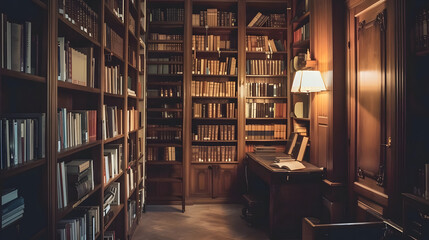 Wall Mural - A vintage library interior with towering wooden bookshelves, soft golden lighting, and a cozy reading nook, evoking a warm, nostalgic atmosphere