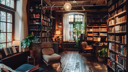 Wall Mural - A vintage library interior with towering wooden bookshelves, soft golden lighting, and a cozy reading nook, evoking a warm, nostalgic atmosphere